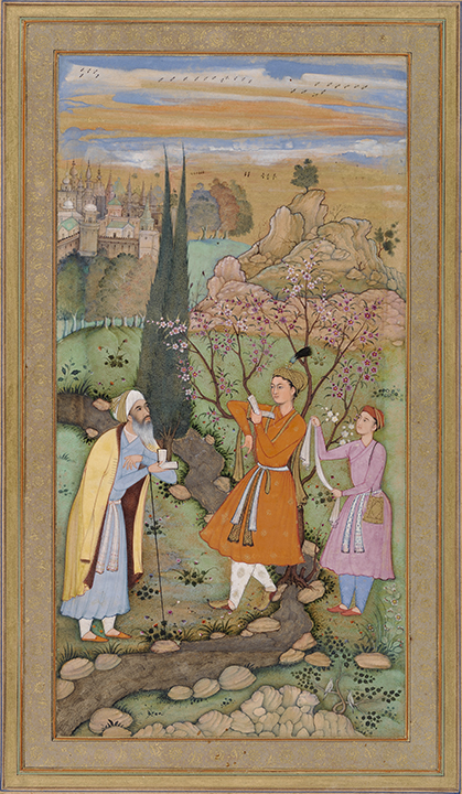 Salim Quli, Indian (active ca. 1590-1605), attributed to Lal, Indian (active ca. 1590-1605), Calligrapher: Fakir Ali, Indian (active ca. 1590-1605). Leaf from the Muraqqa Gulshan: The Poet and the Prince (recto) Calligraphy (verso), 1595-1597, Agra or Allahabad (Mughal), Akbar period (1556-1605).