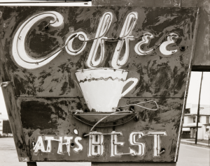 Image captions: Jim Dow, American (born 1942). "Coffee At It's Best" Sign. US 11, Pittston, Pennsylvania, 1973. Gelatin silver print, 8 x 9 15/16 inches. Gift of the Hall Family Foundation, 2018.56.1.