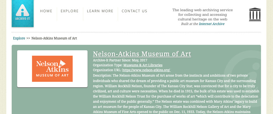 Screenshot of old Nelson-Atkins Museum of Art web page.