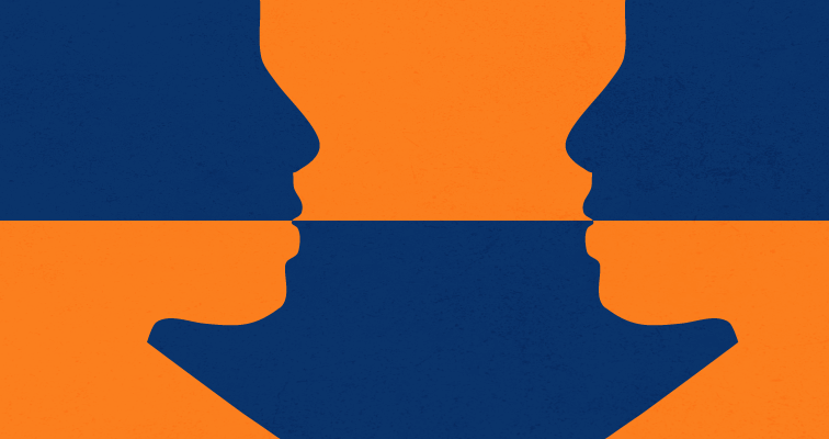 graphic of two faces looking toward each other in navy and orange