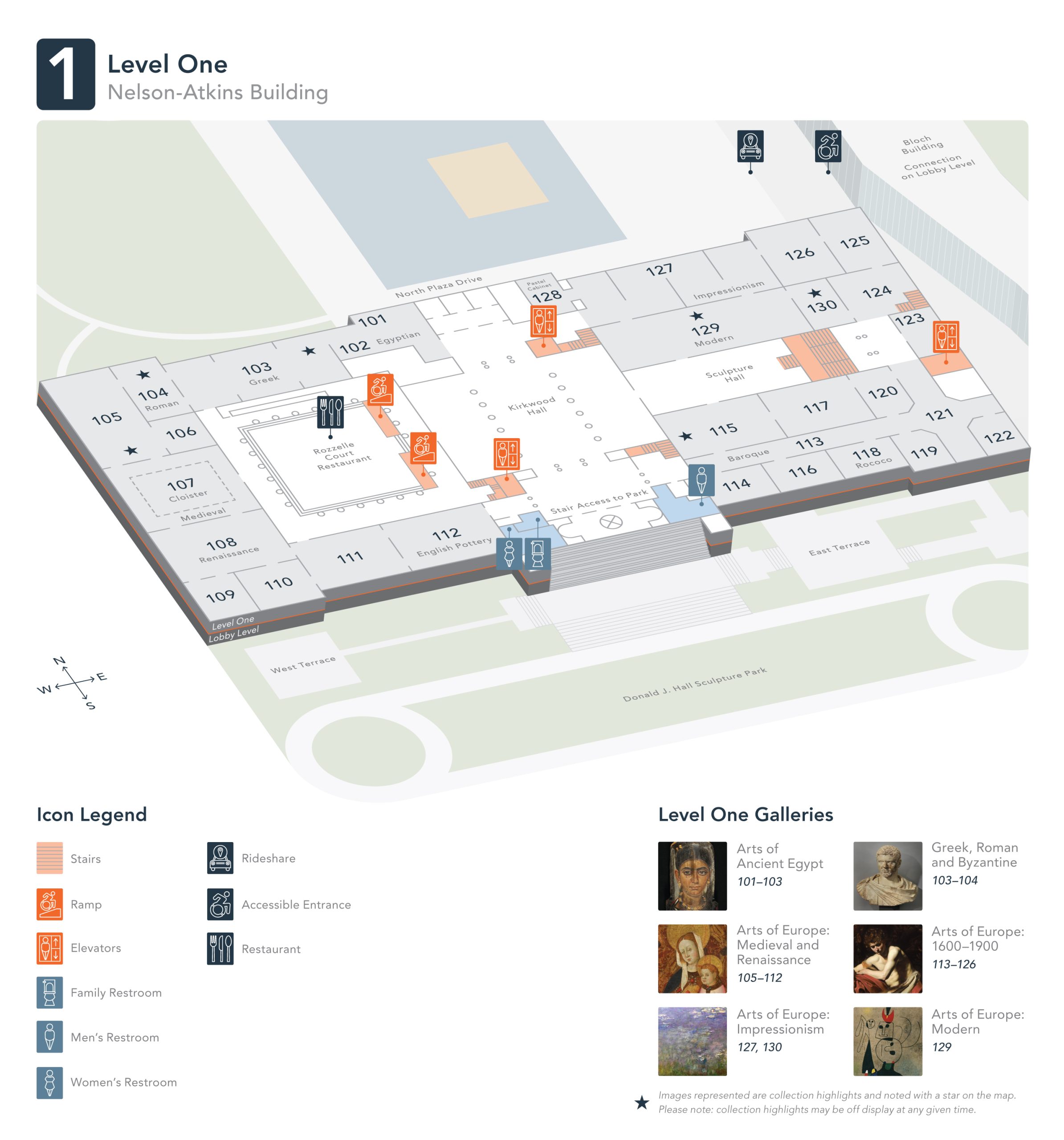 Level 1 map of Nelson-Atkin's Museum of art. Icon legend featuring stairs, ramp, elevators, restrooms, rideshare, accessible entrance, and restaurant. Gallery Legend including Ancient Egypt,  Medieval and Renaissance European , Impressionism, Greek, 1600-1900 European, Modern European.