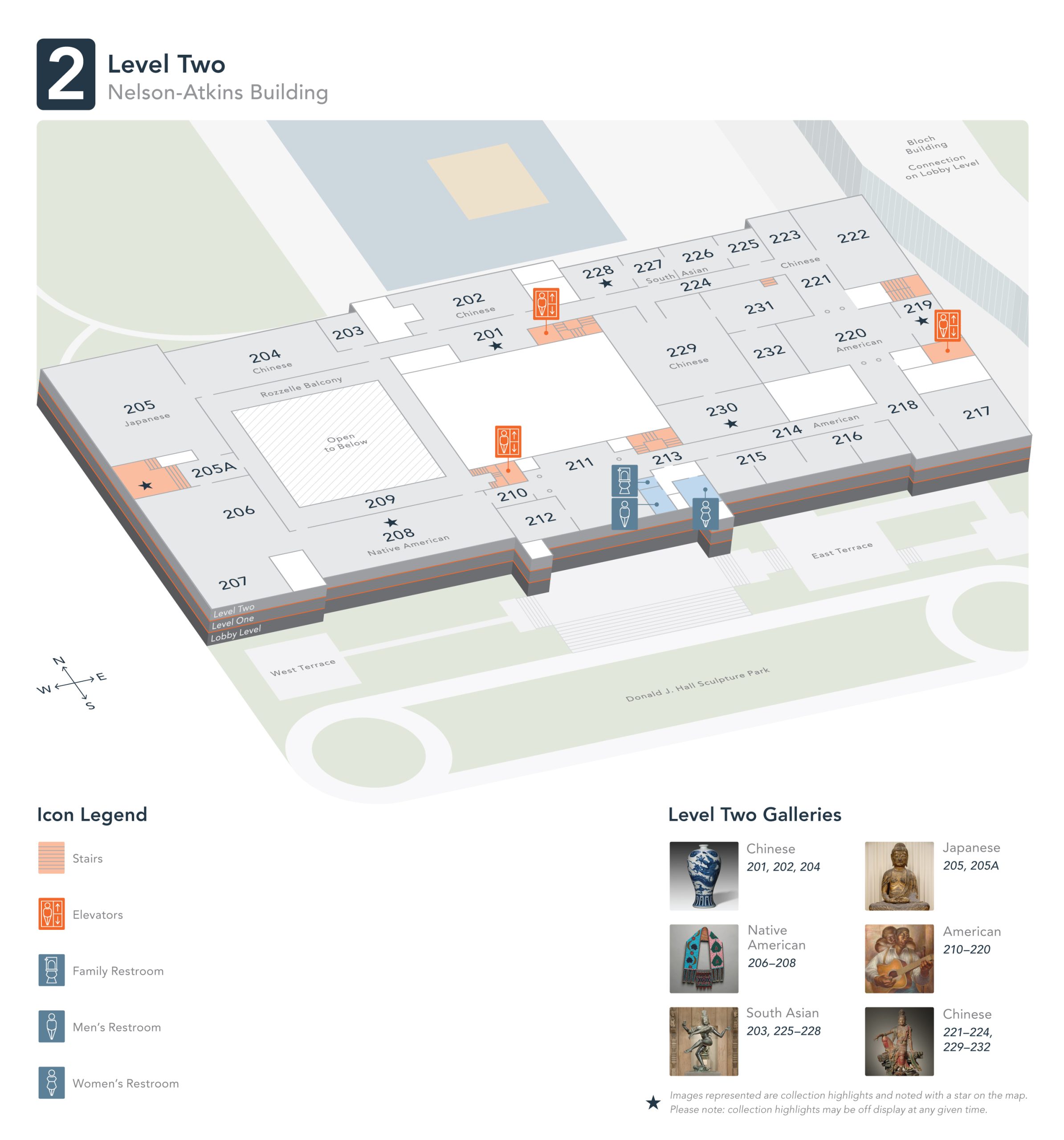 Level 2 map of Nelson-Atkin's Museum of art. Icon legend featuring stairs, elevators, restrooms. Gallery Legend including Chinese, Native American, South Asian, Japanese, American.