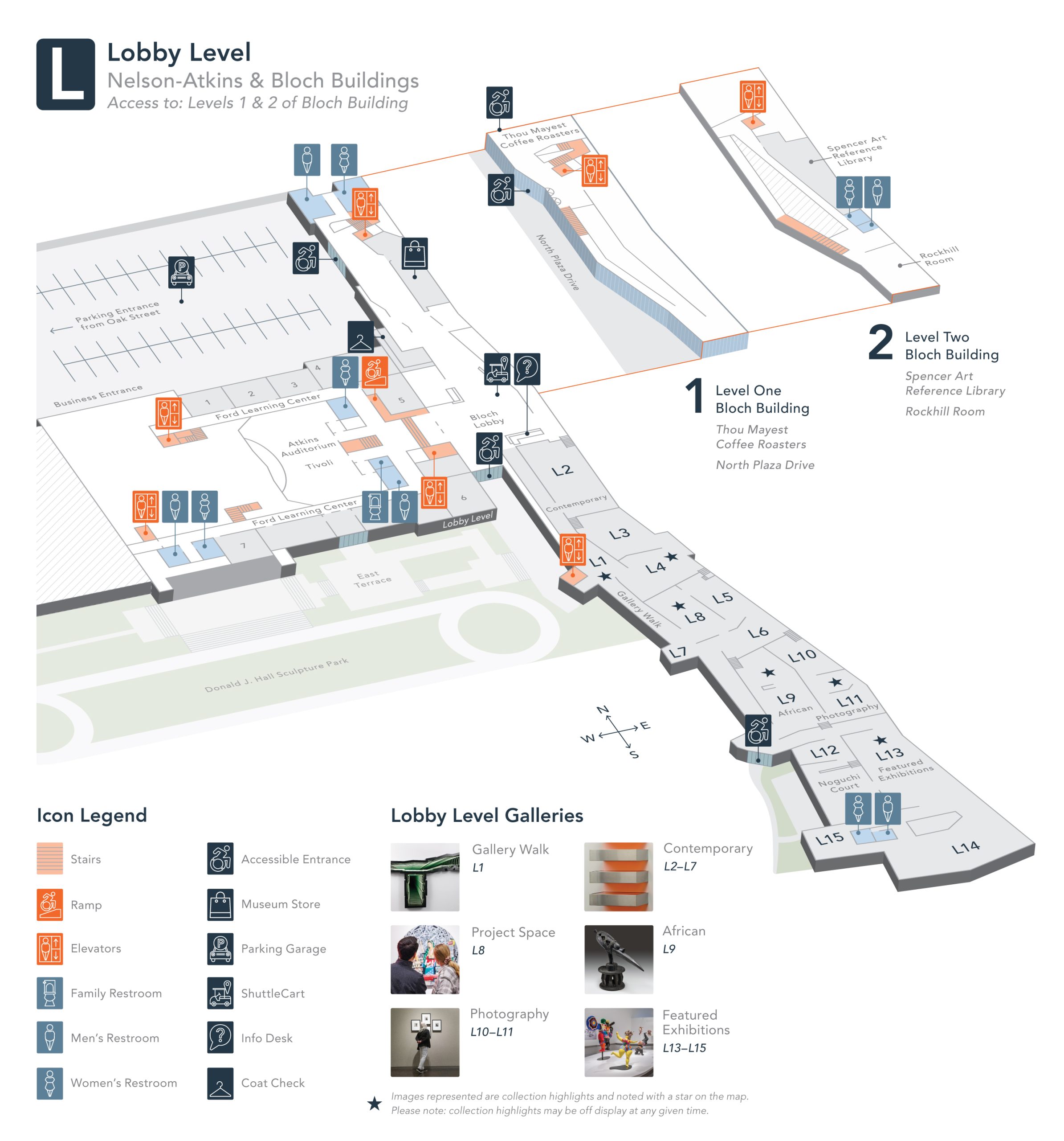 Map including Lobby Level of Nelson-Atkin's Museum and Levels 1 and 2 of Block Building. Icon legend featuring restrooms, stairs, elevators. Gallery Legend including gallery walk, project space, photography, contemporary, african, and featured exhibitions.