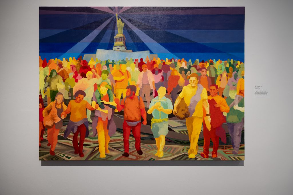 Colorful painting of large crowd of people