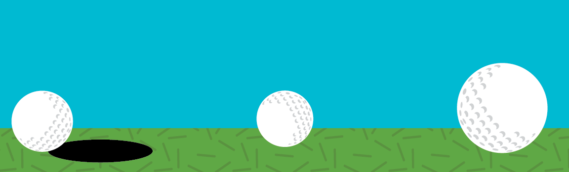 Graphic image featuring three stylized golf balls promoting mini-golf at The Nelson-Atkins Museum of Art Art Course.