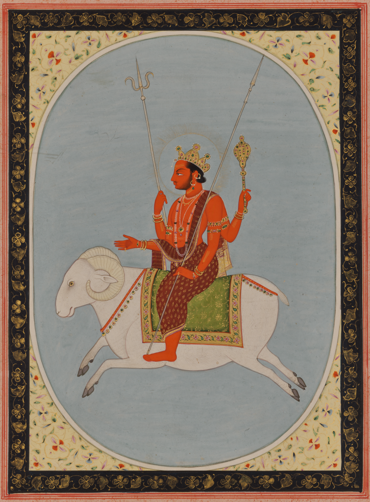 Image of a man riding a ram representing Aries.