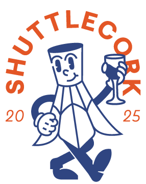 An illustrated ShuttleCork holds a wine glass. Text says ShuttleCork 2025