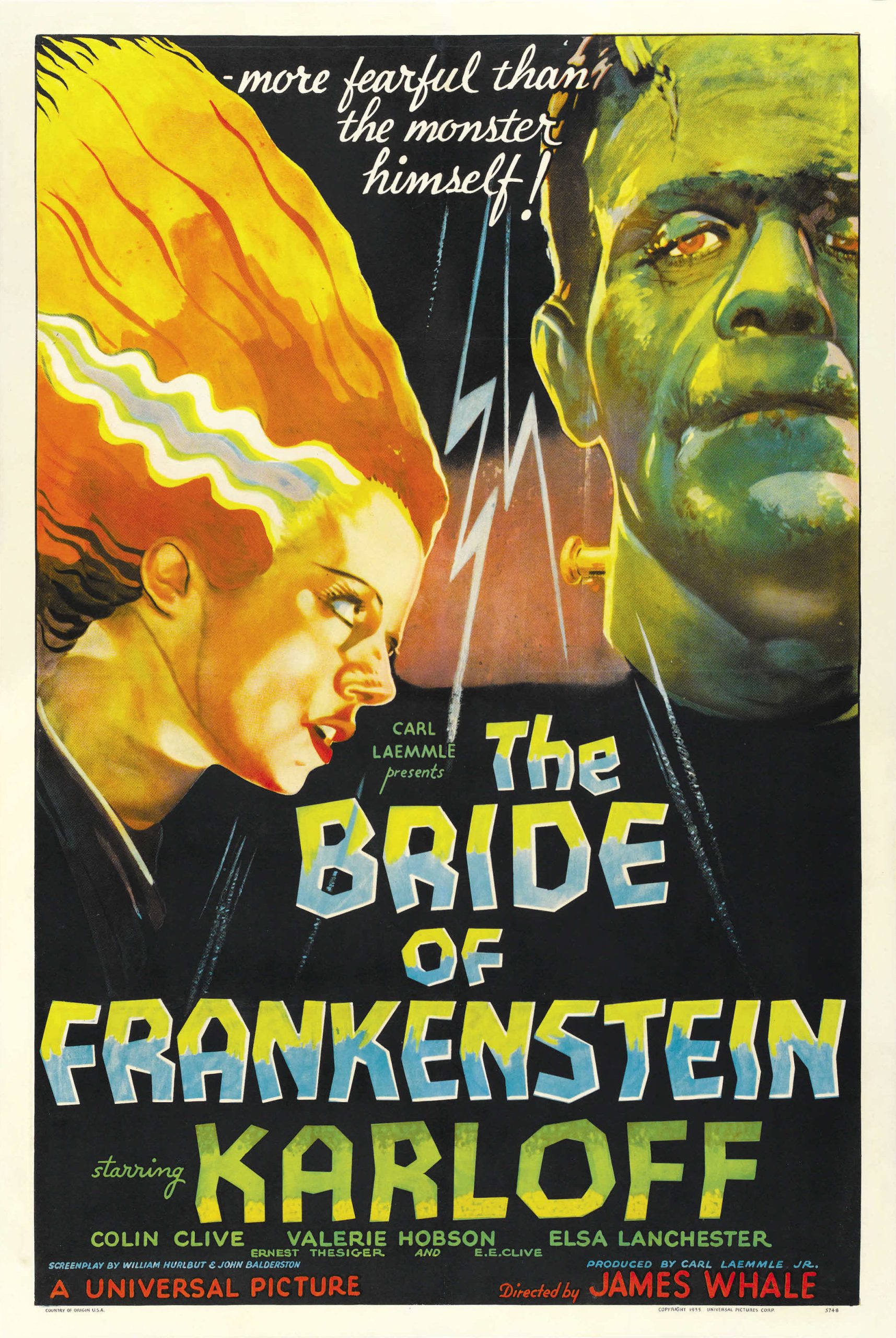 Film poster with green Frankenstein's monster and a woman with hair standing up as if electrified.