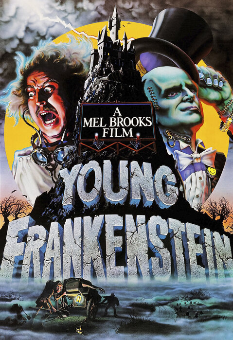 Movie poster with text "Young Frankenstein" featuring an assortment of monstrous figures.