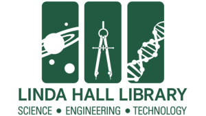 Linda Hall Library Science, Engineering, Technology Logo. Green logo showing planets, drafting compass and string of DNA