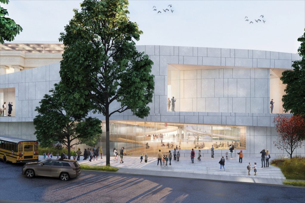 A rendering of the The Nelson-Atkins Museum of Art's future expansion showing a new Oak Street entrance.