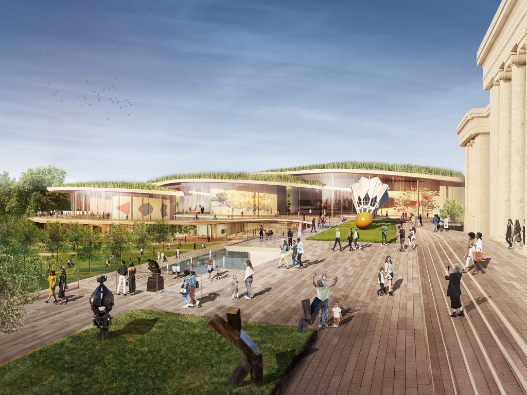 A rendering of the The Nelson-Atkins Museum of Art's future expansion showing a new plaza on the museum's south side.