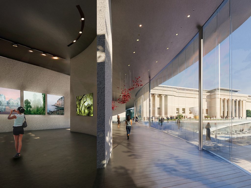 A rendering of the The Nelson-Atkins Museum of Art's future expansion showing a gallery with transparent views into the museum's Sculpture Park.