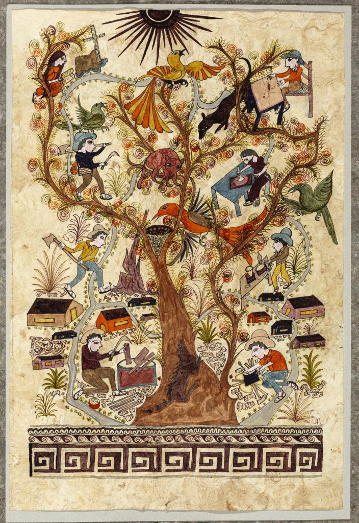 Watercolor image of tree with cosmic patterns