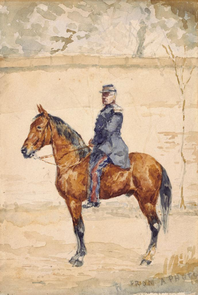 A man in a blue military uniform mounted on a brown horse in left profile stands outdoors in front of a tall stone wall, behind which tree tops can be seen.