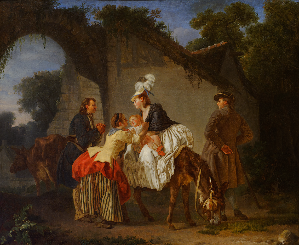 A painting depicting a woman wearing a white hat, black blouse, and a large white dress. She rides on top of a brown horse and has a child on her lap. Another woman wearing a yellow and red dress reached out to hold the child. Behind the horse are two men one wearing a gray coat while another one wears a blue one. They are all under an old archway with overgrowth covering it.