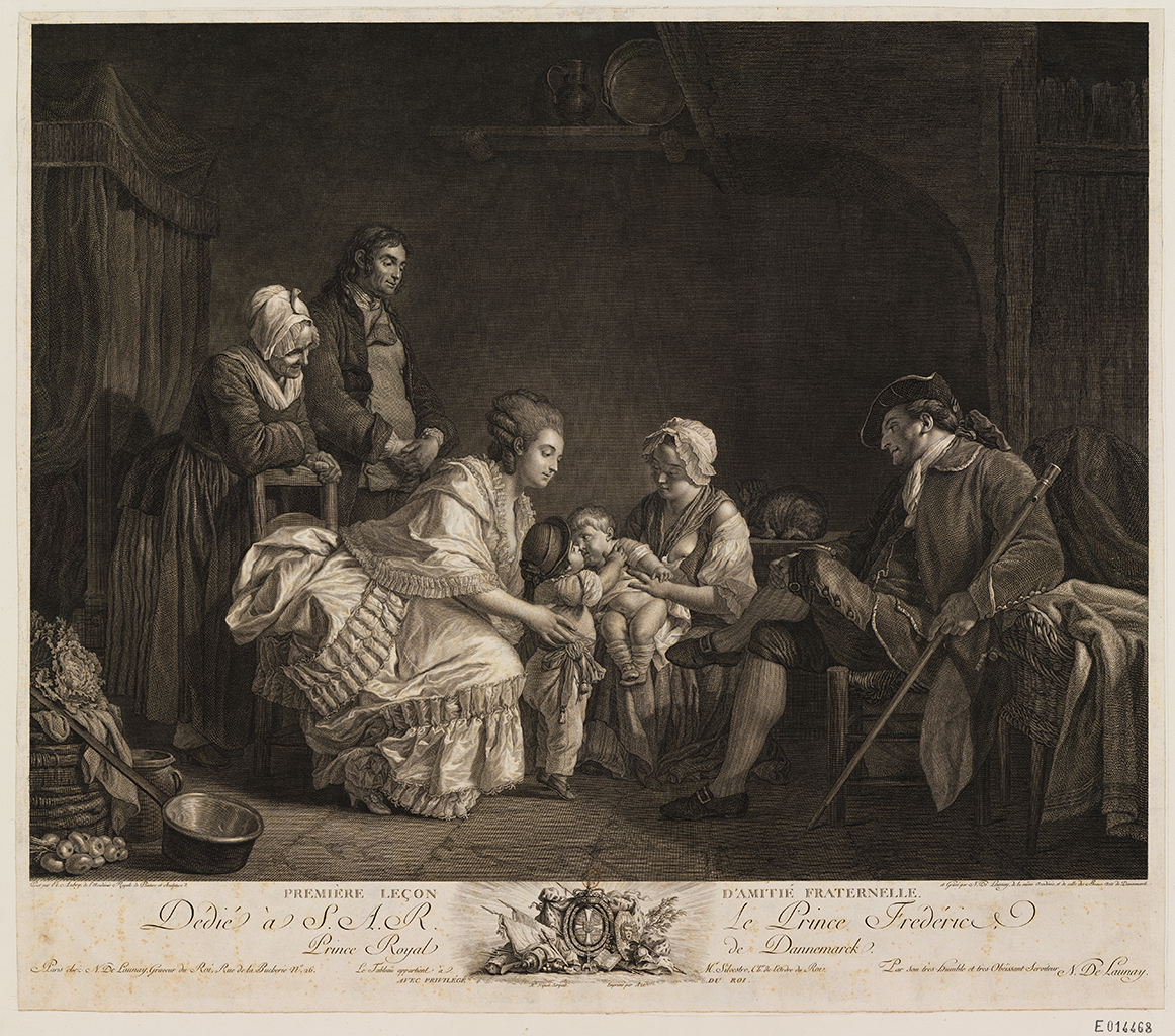 A black and white print depicting a small child sitting on a woman’s lap. The child is facing a toddler who is being held by another woman with a large dress. To the right of them, A well-dressed man sits with his legs crossed and holds onto a long stick or cane. To their left, are more gathered and watching the children. The group of people are in a room, with various pots and pans on the ground as well as some on a stand connected to the wall.