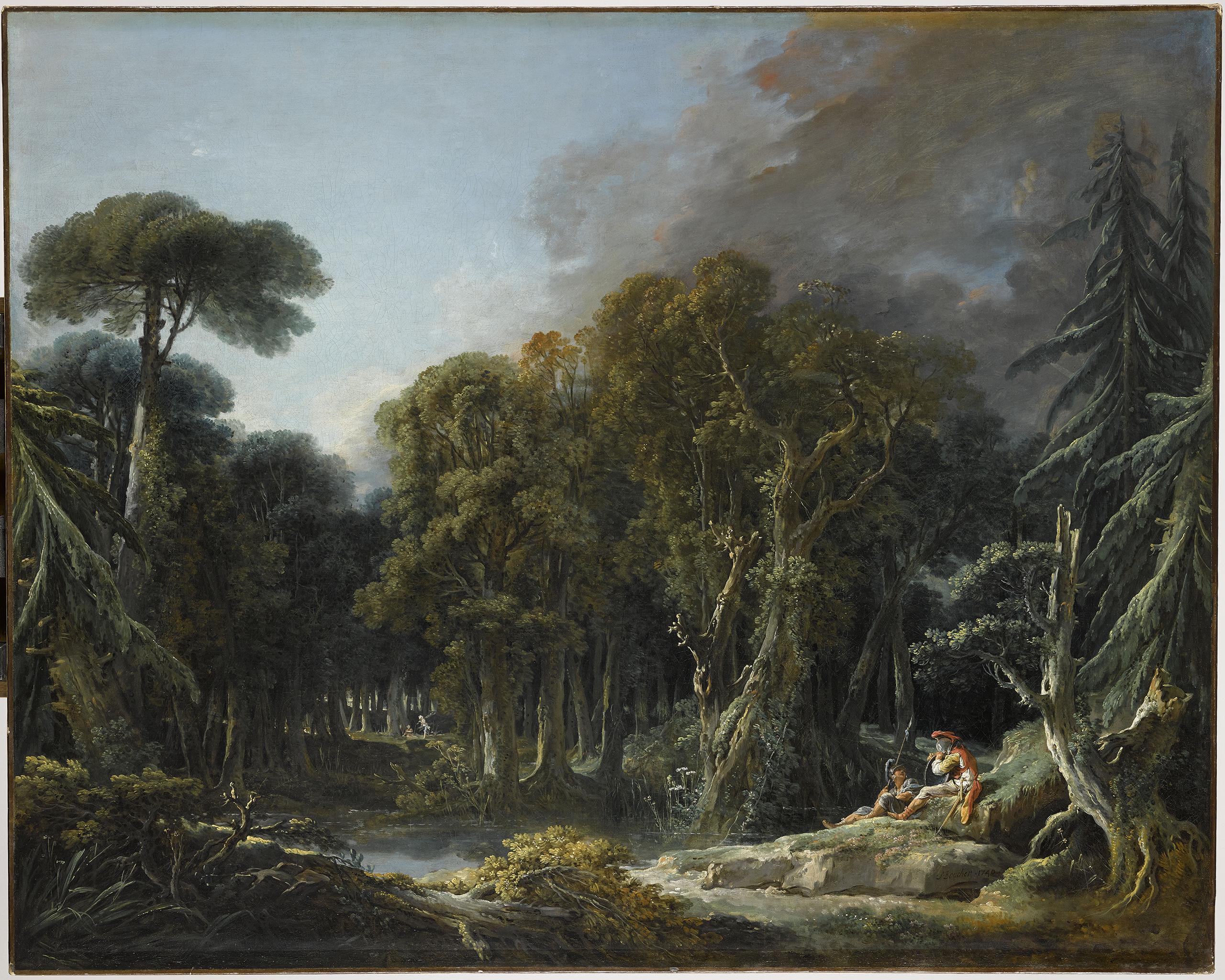 A painting depicting a green forest with two figures resting on top of a rock near a small stream. One wears a helmet with a red plume and a red cape, while the other wears a helmet with a darker plume. The sky above the forest is blue while the right side is covered with dark gray skies.