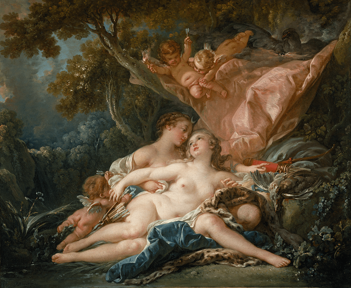 Center rests Callisto in the arms of Jupiter in the guise of Diana with her bow and quiver. Above them are two amours and the eagle of Jupiter.