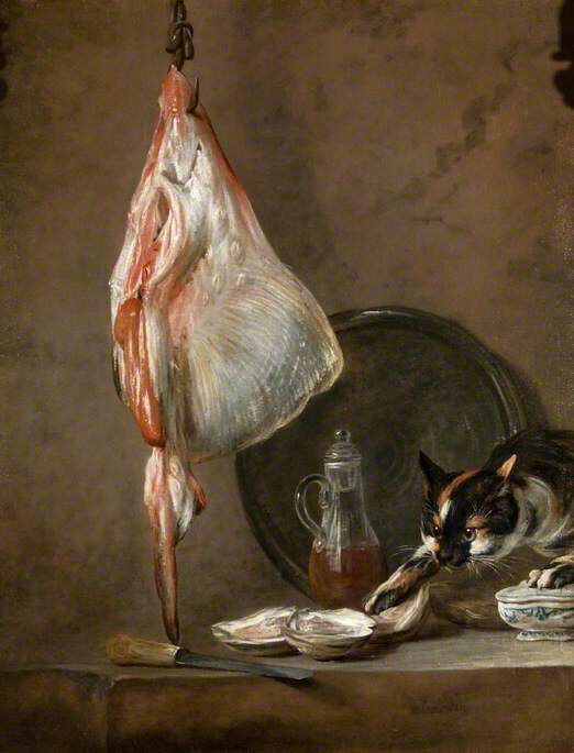 A painting of a black cat with orange and white stripes moving across a countertop. Above the cat, a big piece of hanging from a hook. The countertop has a glass bottle with a handle and a few oysters scattered along it.