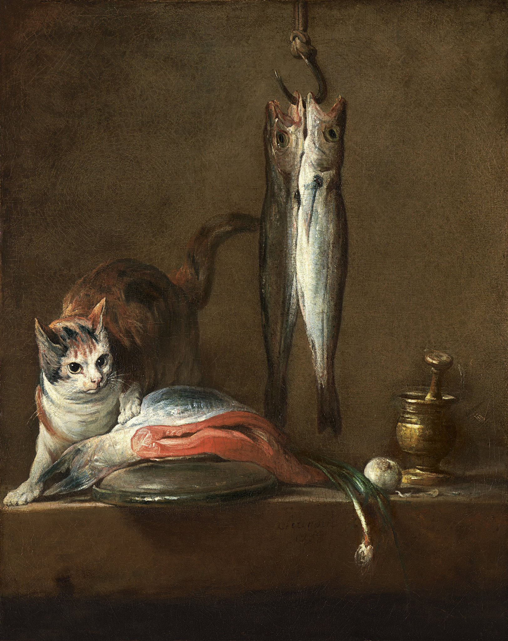 A painting depicting a white cat with orange and black stripes resting its paw on a cut of fish on a counter. To the right of the cat, two fish hang by a hook cutting through their mouths. The hook is held up by a rope.