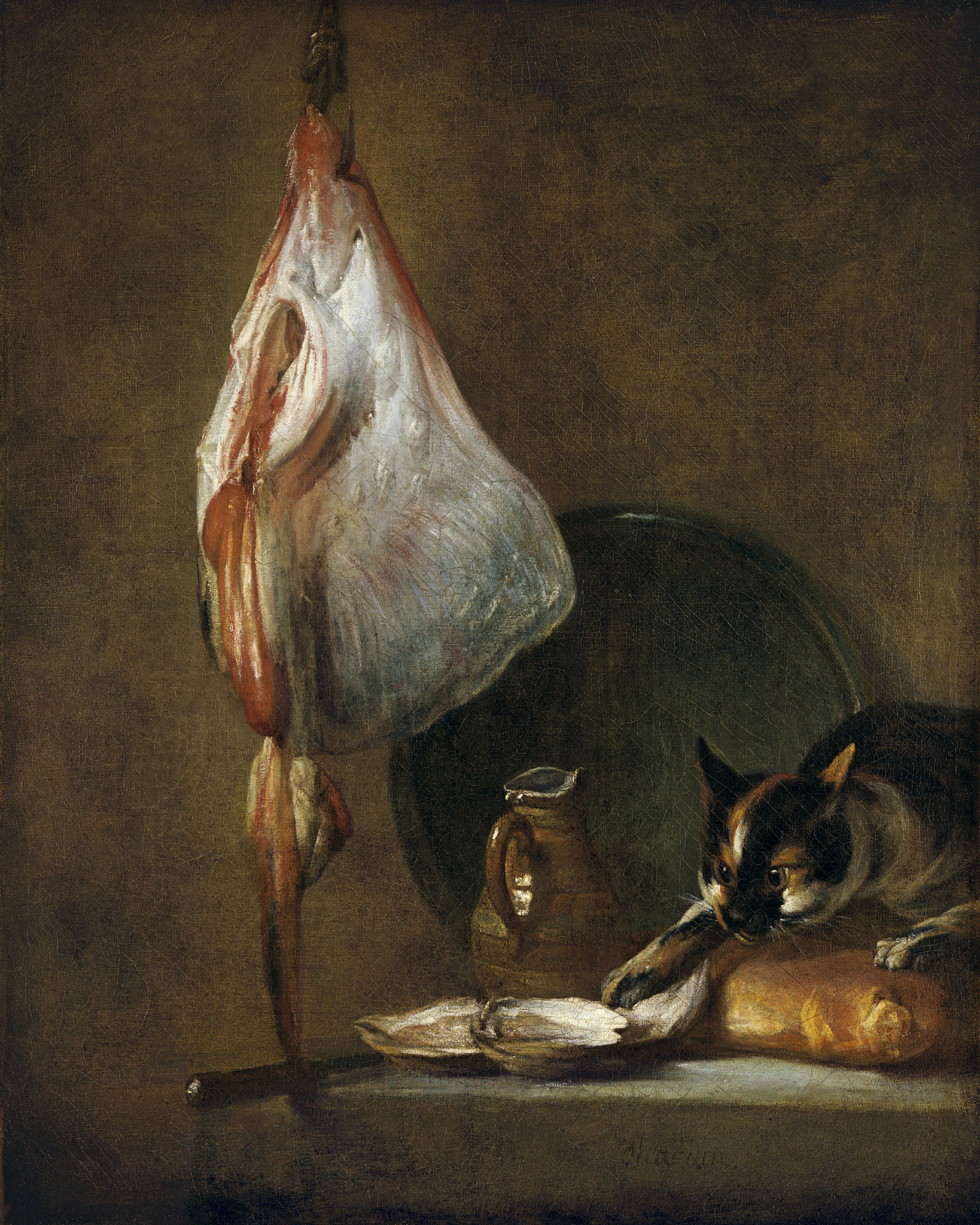 A painting of a black cat with orange and white stripes moving across a countertop. Above the cat, a big piece of hanging from a hook. The countertop has a glass bottle with a handle and a few oysters scattered along it.