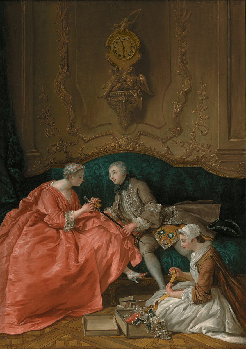A lady in elegant clothes ties a bow on her suitor’s sword. The décor is typical of the mid-1700s, a cartel clock adorns the wall.