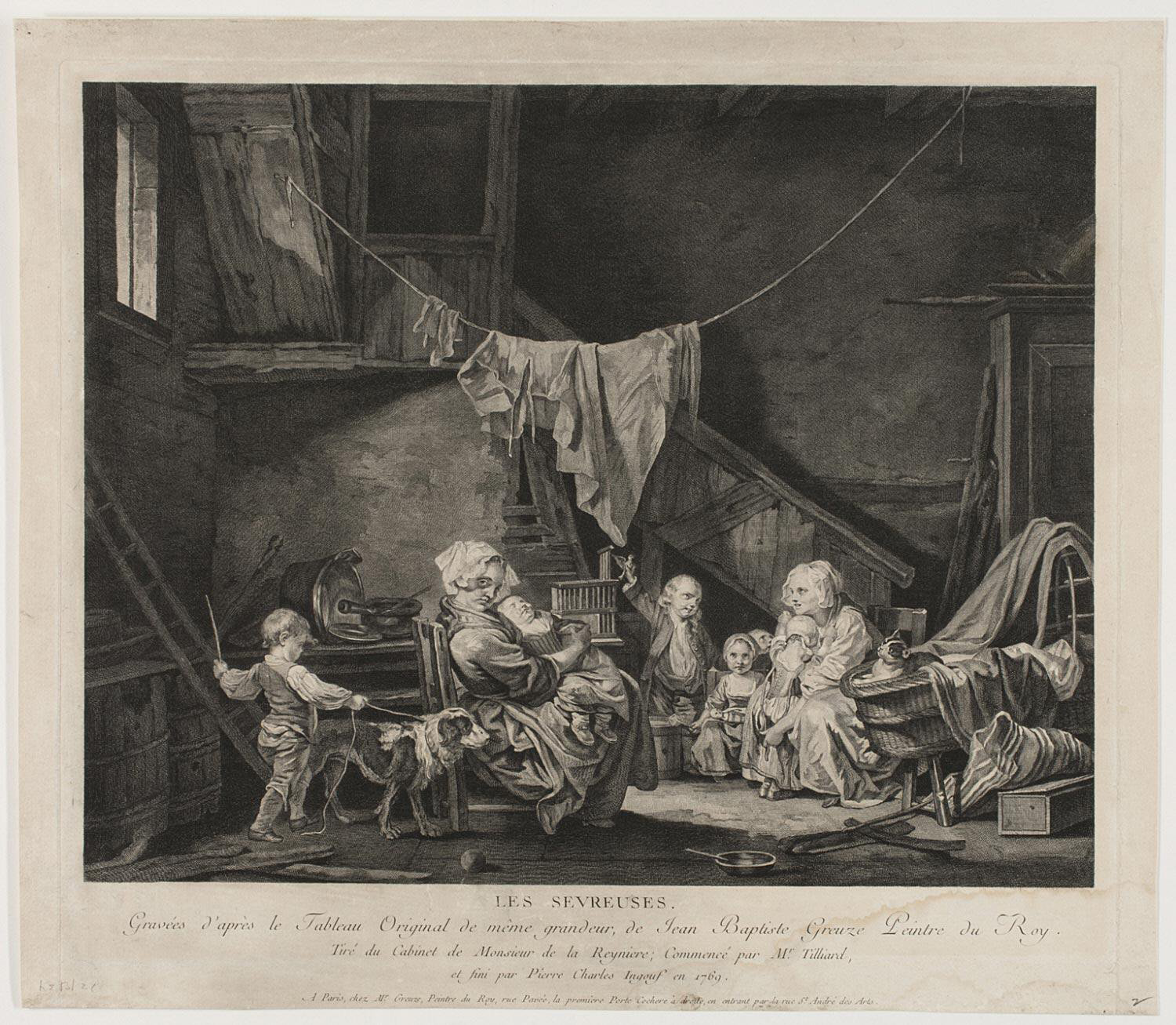 A black and white print of a room with women sitting and tending to the needs of the many children present. One of the women sits on a chair and holds a young child on her lap with her arms wrapped them. Another woman sits near the rest of the children on a bench. A young child leans against her near a basket that has clothes and a cat in it.  A young boy stands holding a stick and a dog by its leash. Above them is a clothesline with fabrics attached. The background consists of an assortment of tools and objects on the tables and cabinets, along with a wooden staircase that leads to another room.