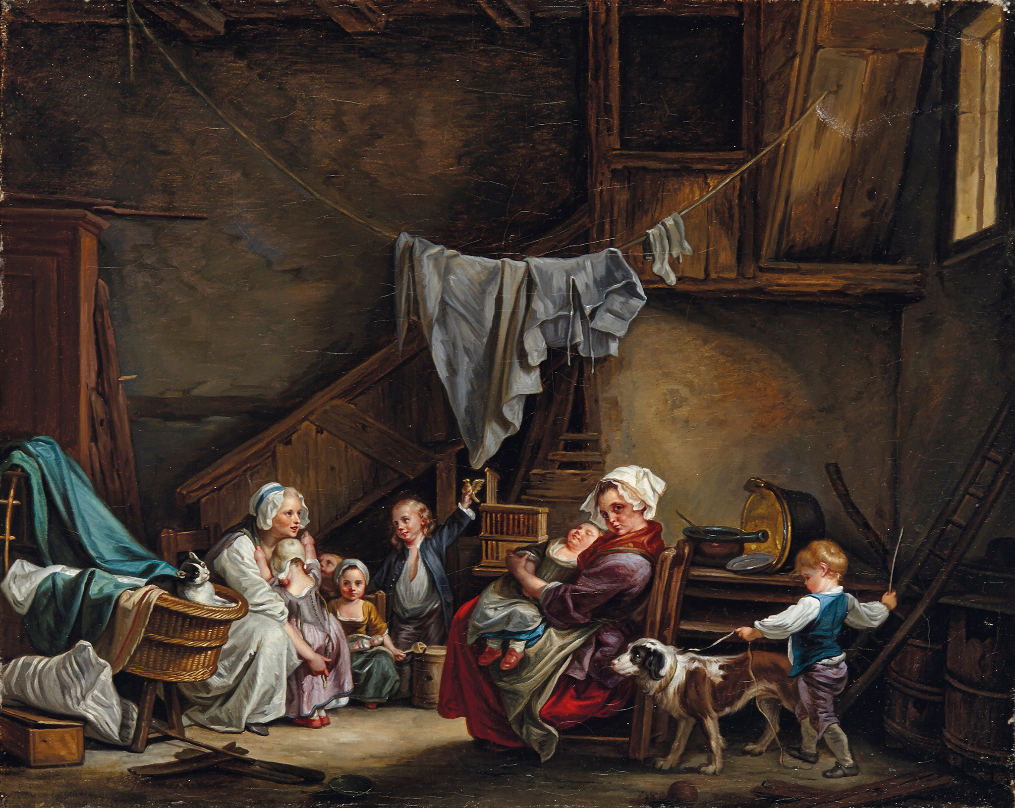 A painting depicting a room with women sitting and tending to the needs of the many children present. One of the women sits on a chair and holds a young child on her lap with her arms wrapped them. Another woman sits near the rest of the children on a bench. A young child leans against her near a basket that has clothes and a cat in it.  A young boy stands holding a stick and a dog by its leash. Above them is a clothesline with fabrics attached. The background consists of an assortment of tools and objects on the tables and cabinets, along with a wooden staircase that leads to another room.
