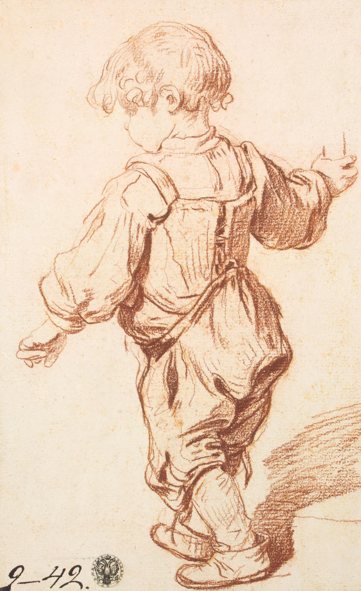 A sketch depicting the back of a young boy walking. He wears loose and baggy clothing as he holds onto an unknown object with his right hand. His face is also turned away.  The sketch is drawn with brown colored strokes.