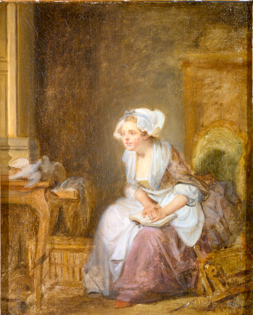 A painting of a woman wearing a white and pink dress sitting down on a on a chair with her hands resting on a book on her lap. To her left was a large table with two white birds sitting on top of them. Behind her is a large wooden cabinet.