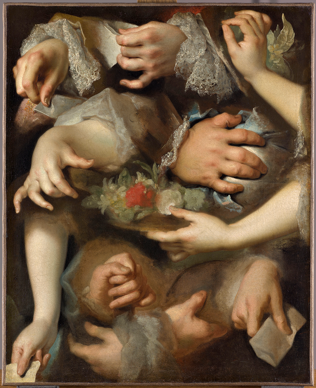 A painting depicting a series of pale skinned toned hands stretching out from under blouses and shirts. In the middle of a painting is a red and white flower.