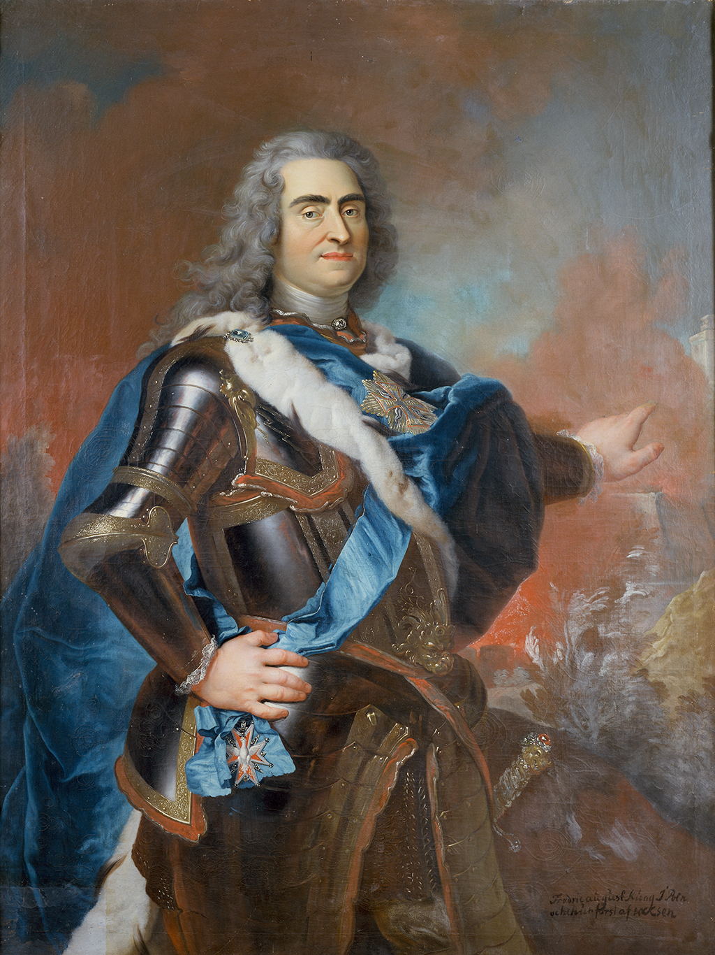 A painting of a man with long curly gray hair. He dons a reflective black armor with gold/bronze and orange accents along the edges of the metal plates. He wears a long blue cape that wraps around his neck and shoulder. The background consists orange and grey smoke or fog covering a blue background.