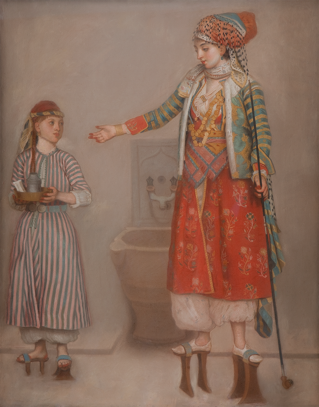 A painting of a woman and a young girl both standing on wooden hilts tied to their feet. The woman who wears red clothing reaches her hand out toward the young girl. The young girl also wears a cap and a dress with vertical stripes. She carries a bowl with a metal can inside it. In the background there is a sink sculpted into the wall.