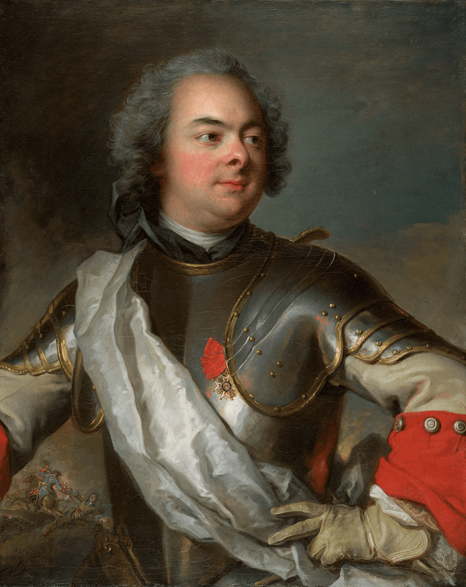 Bust length portrait of a man in a dark gray breastplate turned three-quarters to the right, his left hand on his hip.