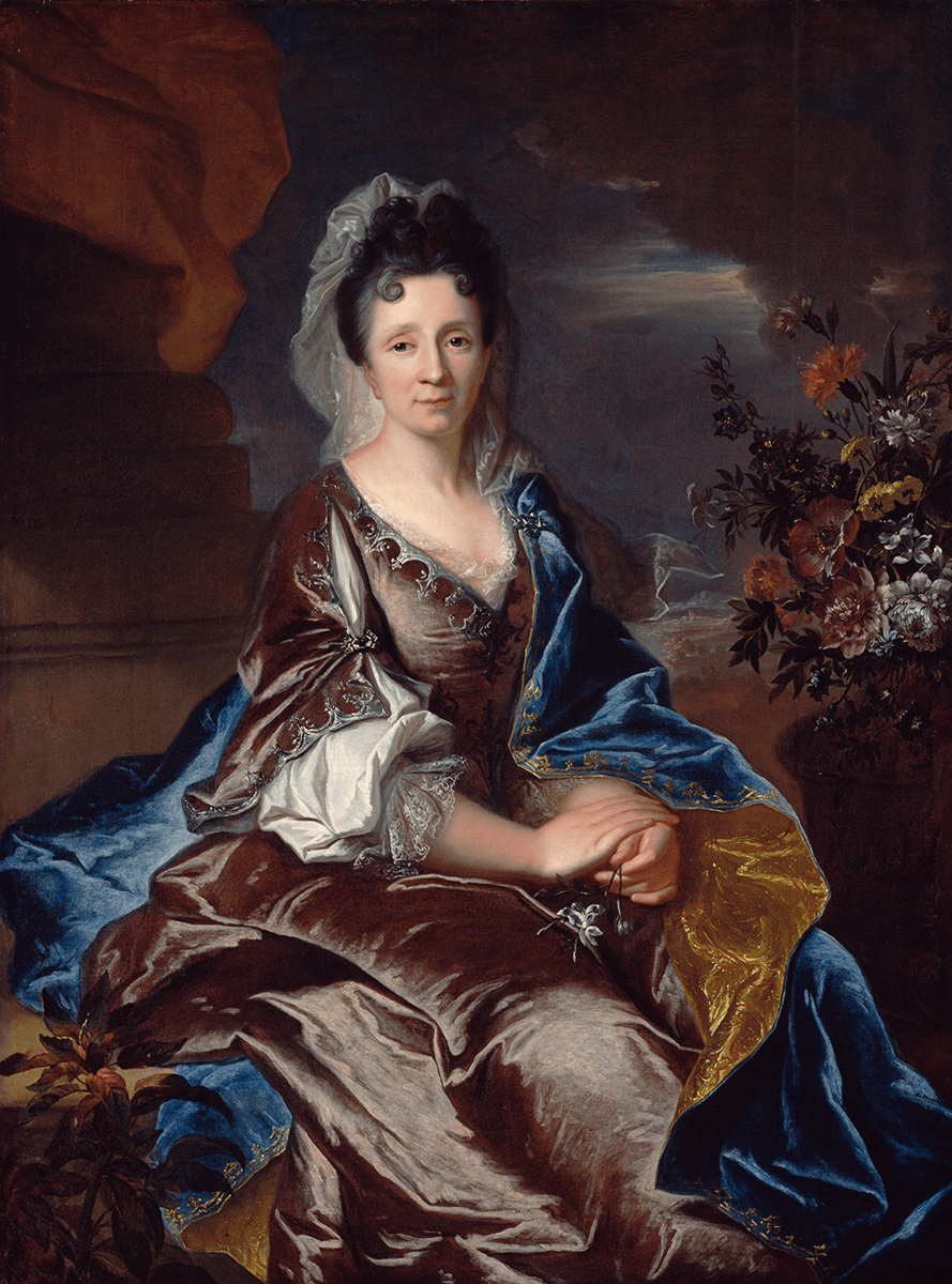 A portrait of a seated woman with a shining rose gown and blue drapery. To her right is an elaborate floral arrangement.