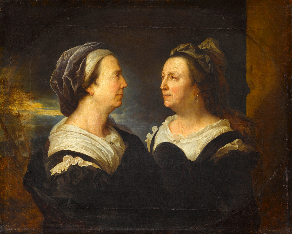 Double portrait of the same woman: on the left, she is in profile facing to the viewer's right; on the right, she is in three-quarters view looking to the viewer's left. She wears the same black dress over a white blouse and a cloth covering her dark hair. The background is a dark and cloudy sky with trees to the left and a column on the right.