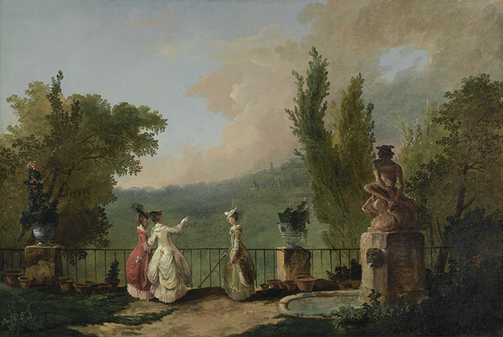 Three female figures stand on a terrace surrounded by trees and flower pots. To their right is a large fountain.