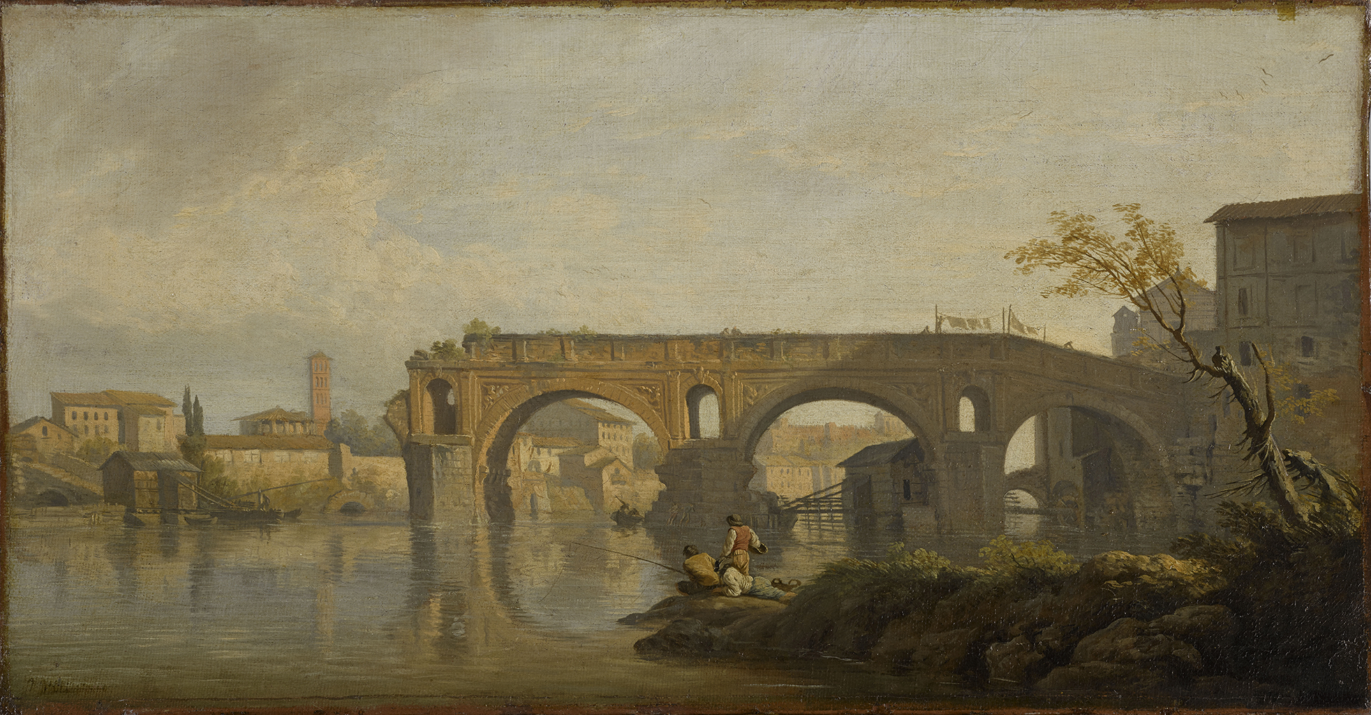 A landscape painting depicting the ruins of a large Roman arched bridge reflected in a river. In the foreground are three figures sitting and fishing on a grassy bank. In the distance is a town with red roofs and a tower. A cloudy sky, perhaps threatening a storm, is in the top third of the picture.