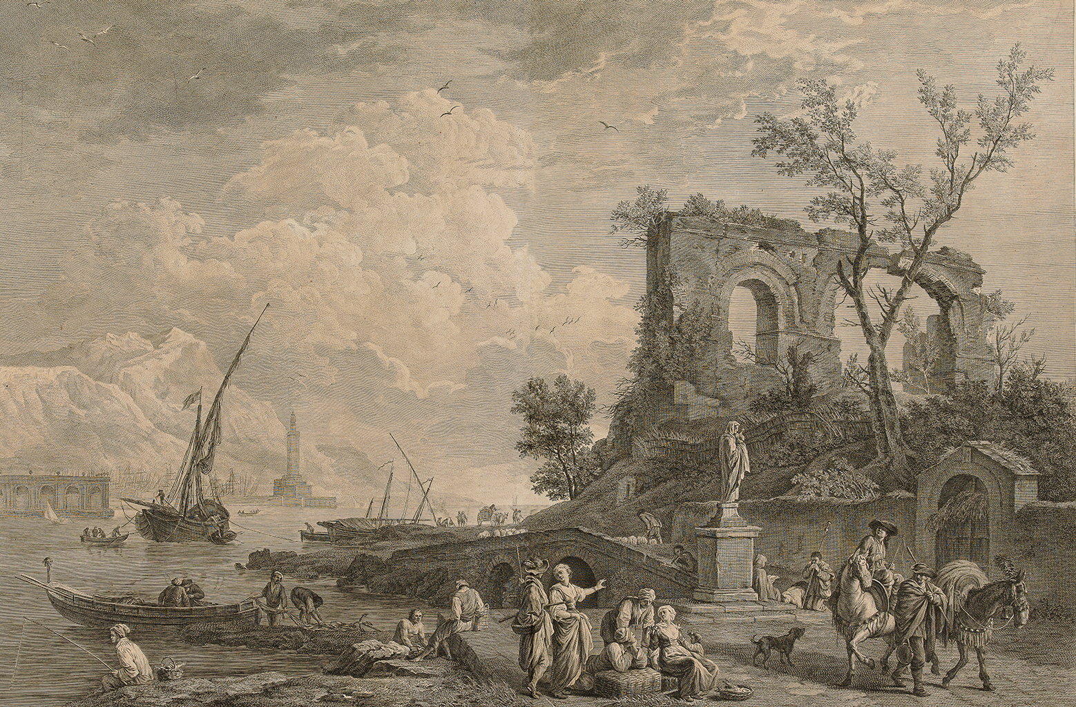 A black and white print after a painting that depicts a bustling shoreline populated by people talking, riding or leading their horses, and fishing in the seaport. In the middle distance is a statue of the Virgin Mary and a small stone bridge. Behind that is a treed hill and the ruins of an arched bridge or acquaduct. At the left, beyond the seaport crowded with small wooden boats, is a tall lighthouse near a vast mountain. The sky is full of clouds.