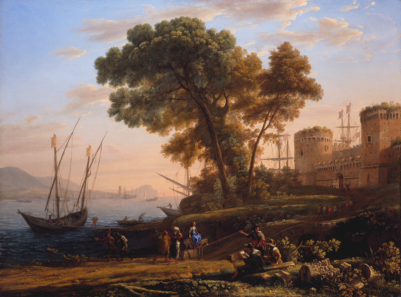 A landscape painting of, from left to right, a seaport with blue waters and a docked wooden ship; a gently sloping hill with a large green tree in the center; and a tan, towered fortress. Before this vista is a dirt path populated with travelers. One traveler at the very center is a woman in a bright blue dress riding a donkey. An artist and two other men are seated facing the path and sketching the scene.