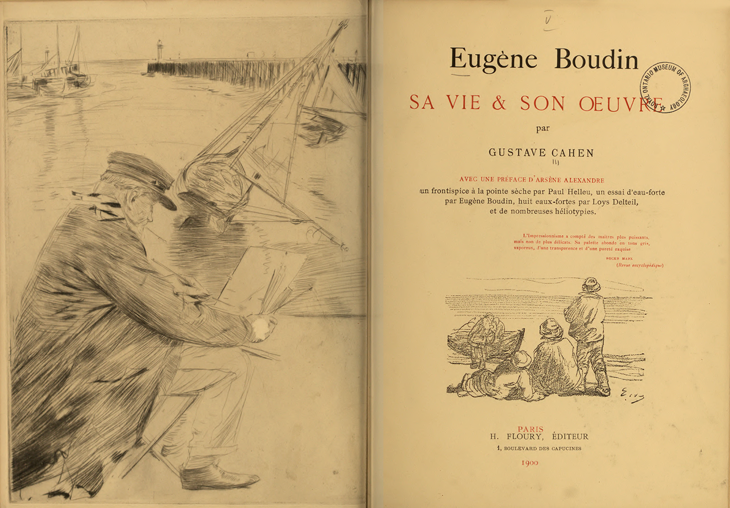 A photograph depicting two pages from a book. On the left page, there is a sketch depicting a man wearing a coat and reading a newspaper. He sits near a river in which sailboats are resting on the bank. On the right page, it states, &ldquo;Eugene Boudin Sa VIE & SON OEUVRE&rdquo; Under it is an image of three men staring into the ocean.