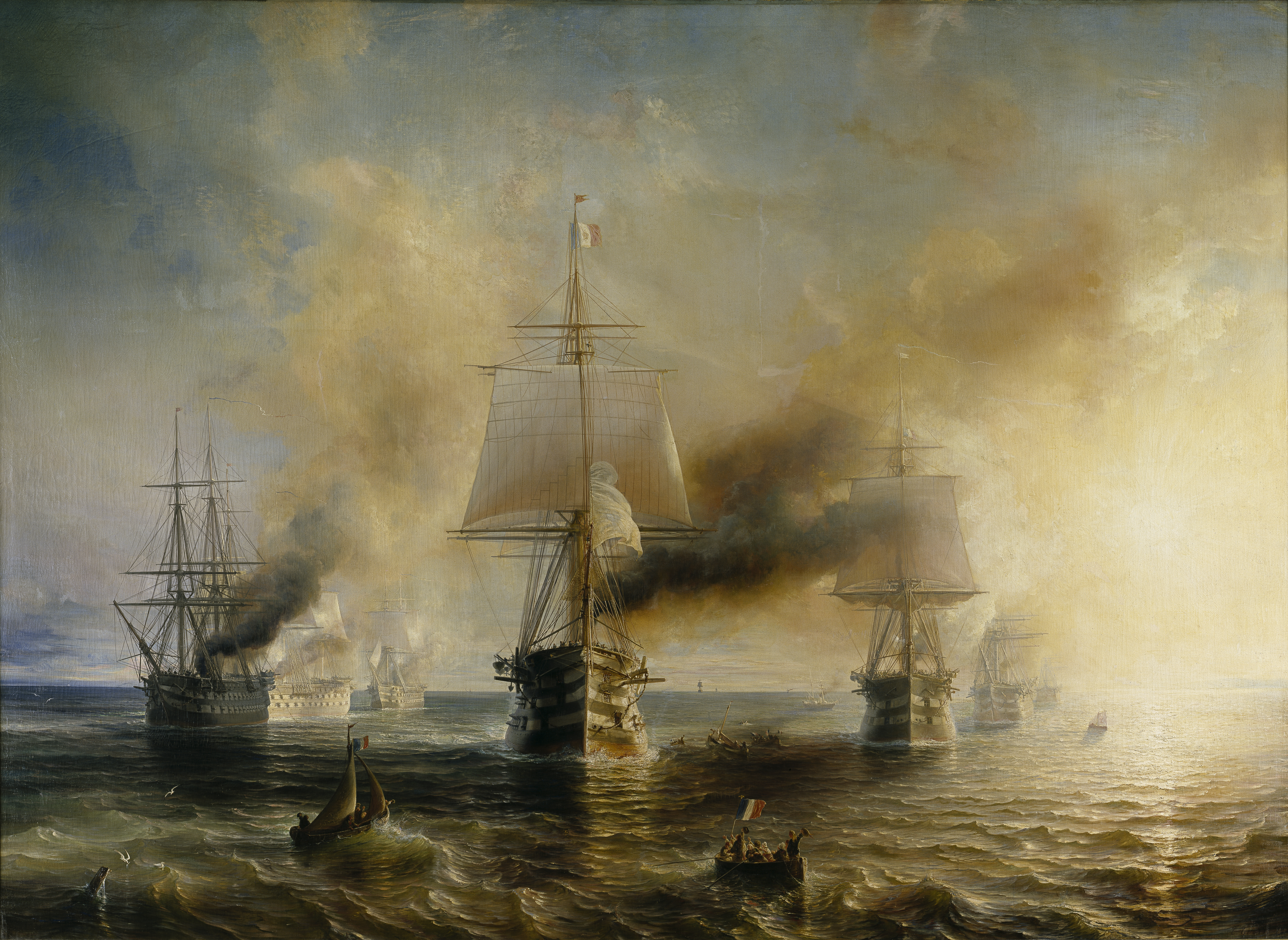 A painting depicting a fleet of French naval vessels. They sail through the ocean and leave dark smoke trails in the air. In the foreground, we can see people on much smaller wooden row boats waving a French flag.