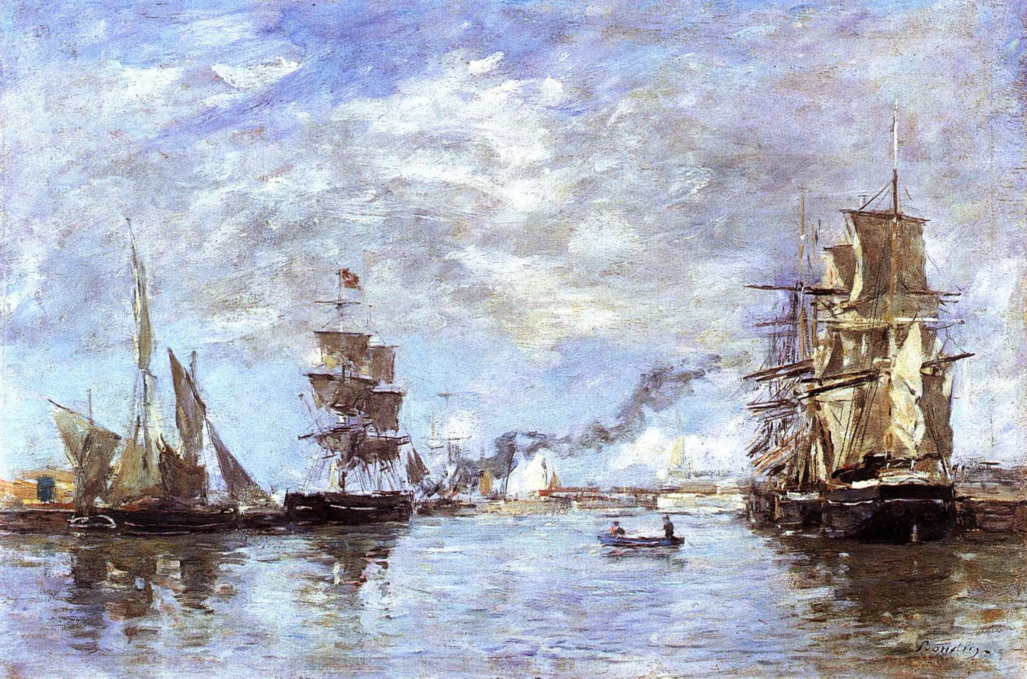 A painting of a port with large ships docked on the banks of the river. In the middle of the river there is a small boat with two people on it. In the background there is smoke exiting from the one of the ships in the distance.
