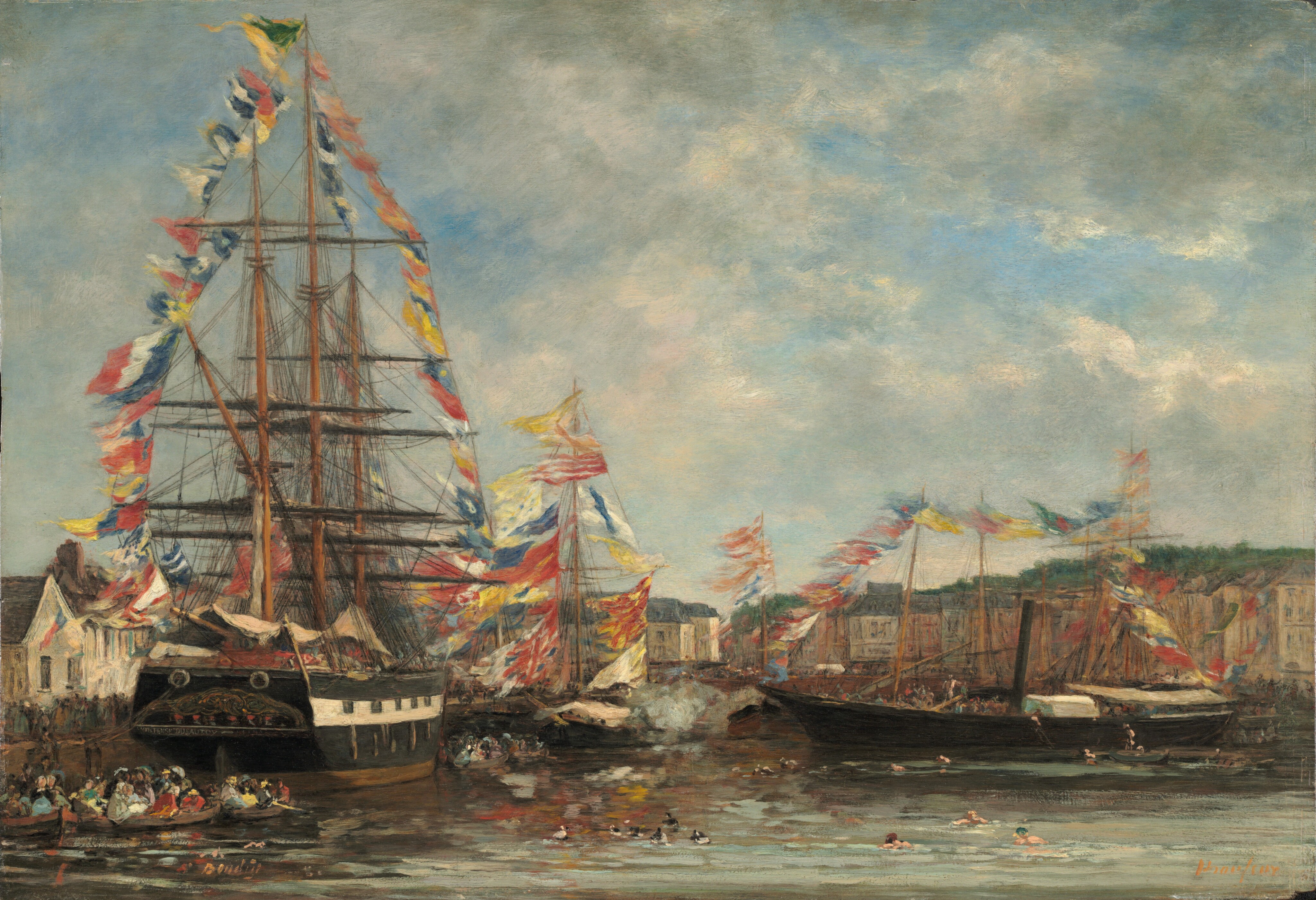 A painting depicting three large ships with colorful flags attached to the halyard, docked in the harbor. In the water, there are small boats filled with passengers and also people swimming. In the background, there are rows of buildings.