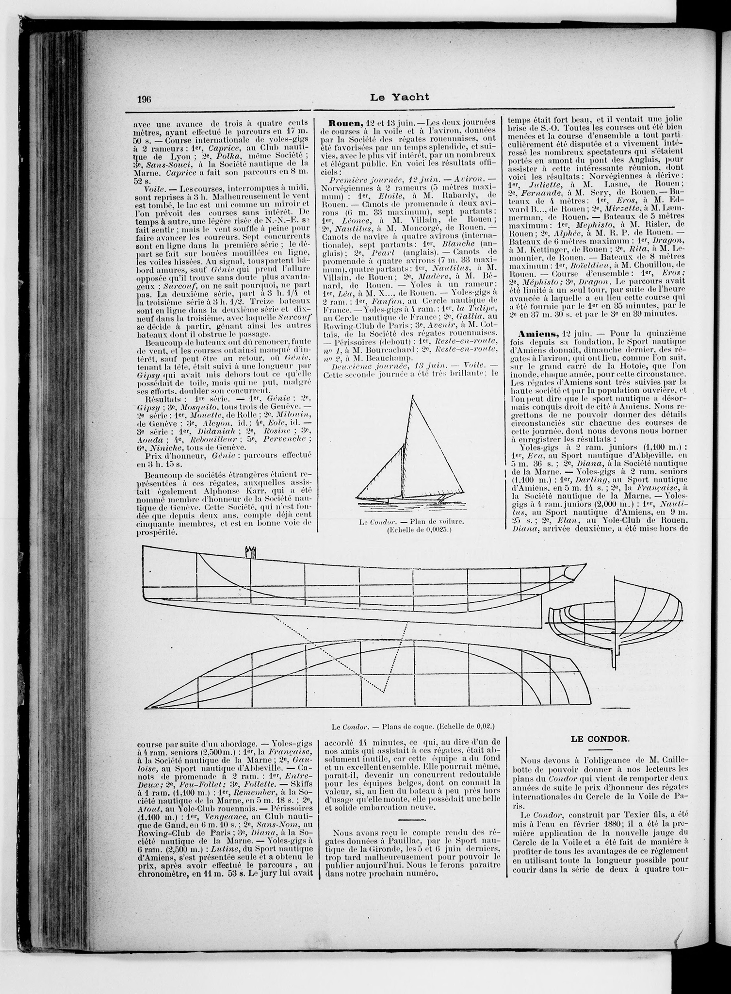 A photograph of a page that has a black and white blueprint of the hull of a sailboat. At the top of the page the word “Le Yacht” is written.