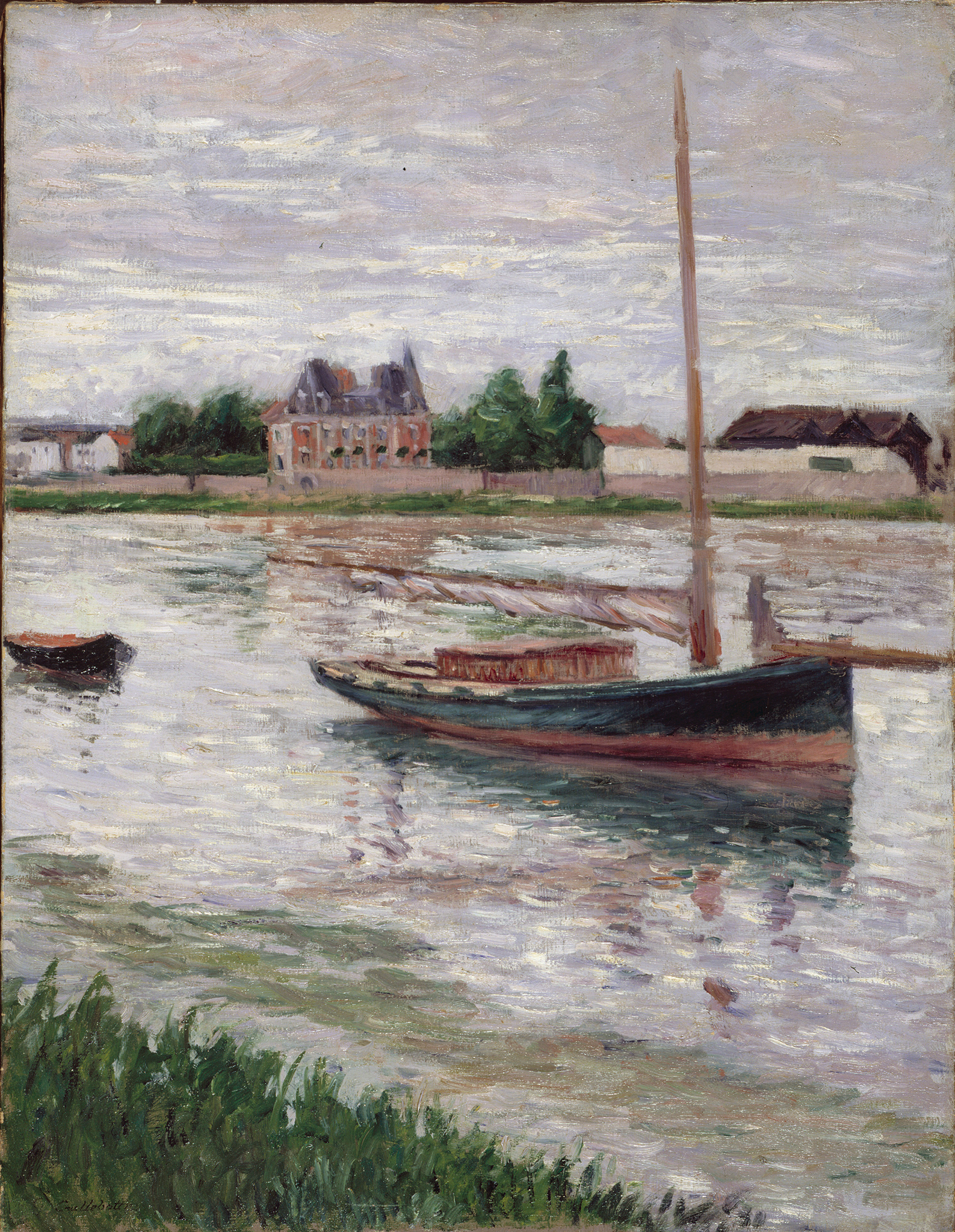A painting depicting a wooden sailboat in a river. The sailboat has its main sail lowered. A smaller black wooden boat follows behind it. The water in the river reflects to boats and buildings near and around it. In the background there are buildings along the shoreline along with green trees. All of this lays under a cloudy gray sky. The painting is created with short and thick brushstrokes.