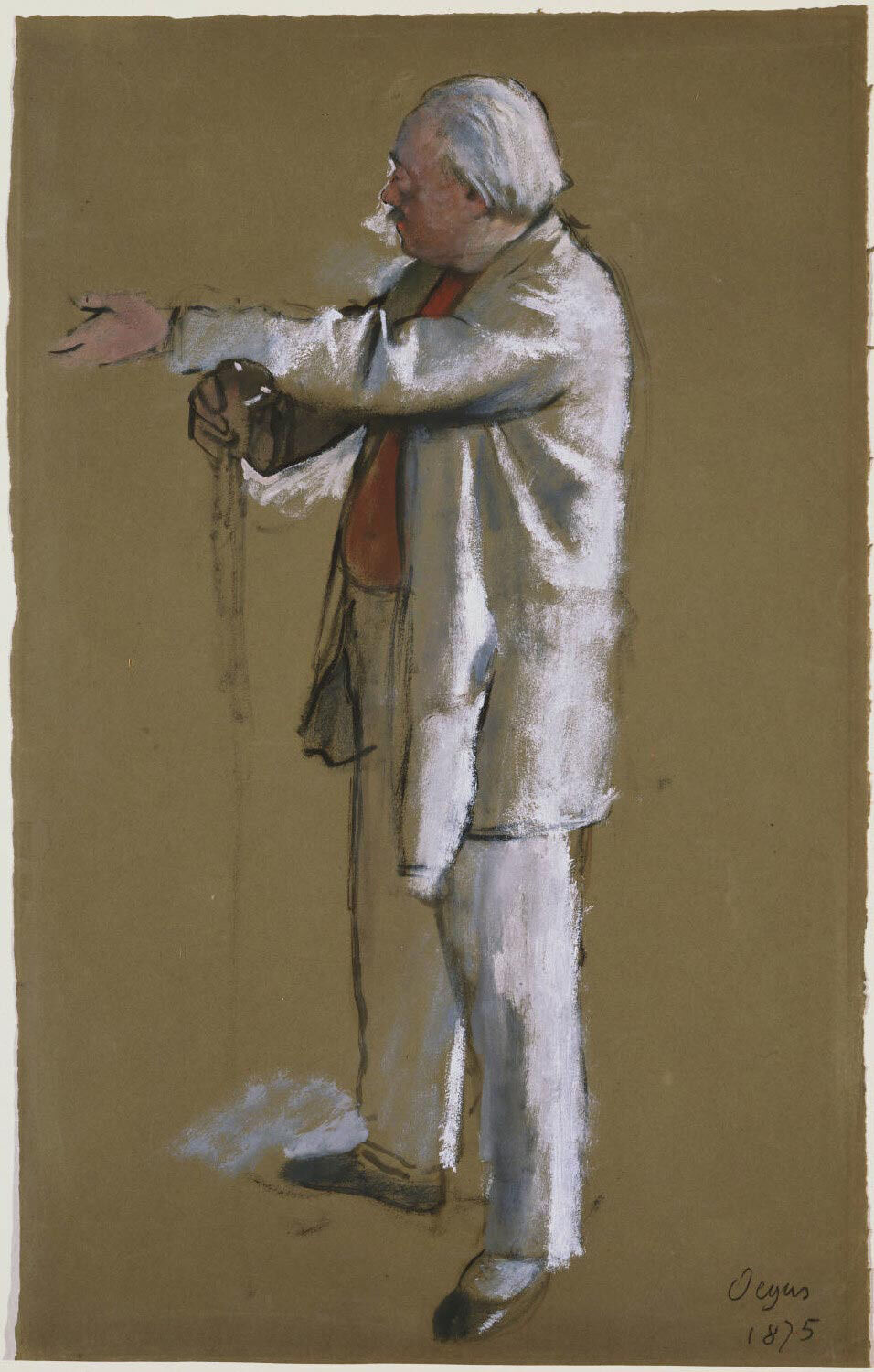 A black monotype of a ballet master gestures toward a female dancer performing at right. He is surrounded by three other dancers and at far right stands a male patron.