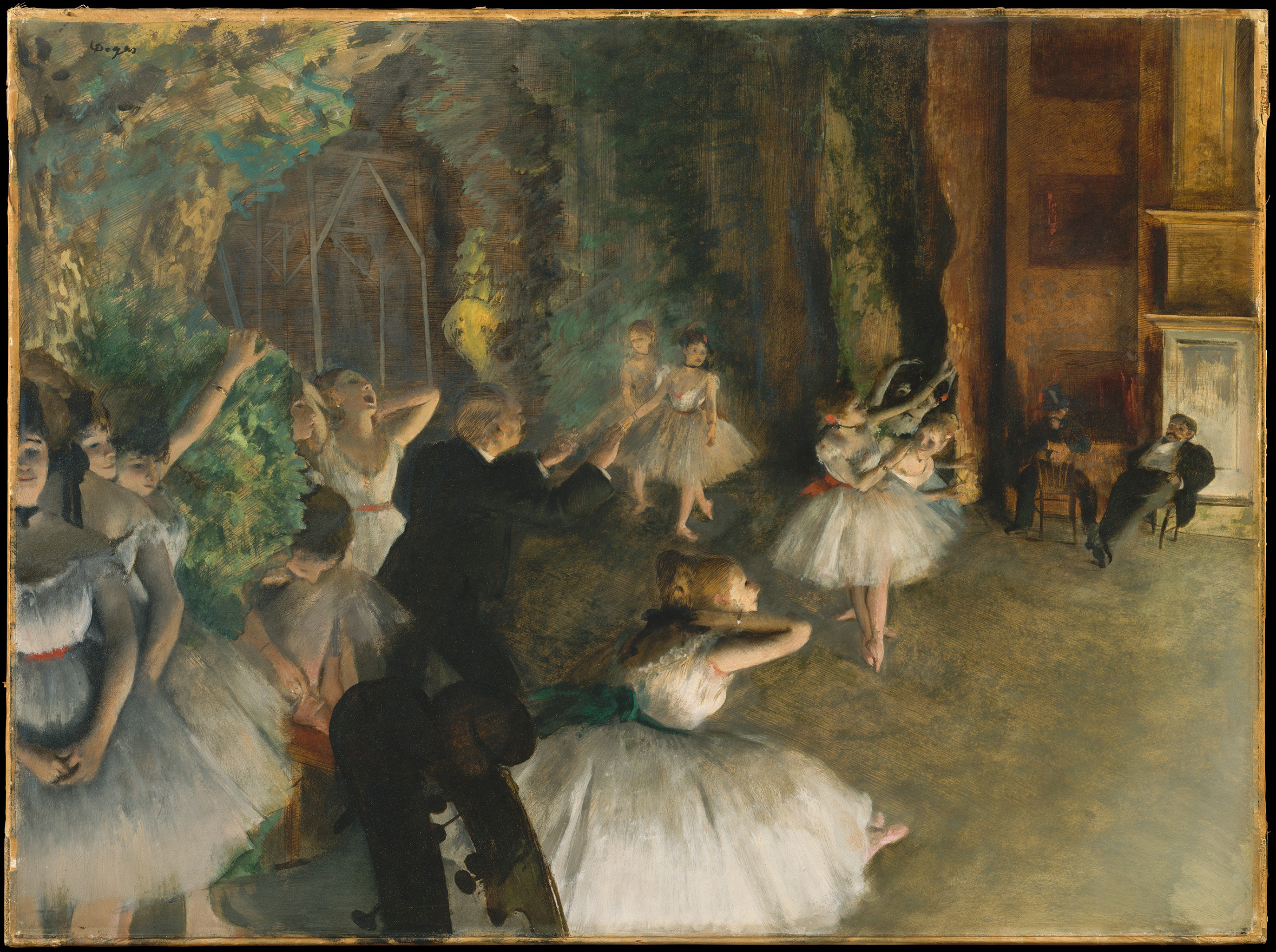 A painting depicting a large group of women wearing white tutus and dancing along a wooden floor. Among, them is man with a black suit directing them. To the right two other men sit on wooden chairs and watch.