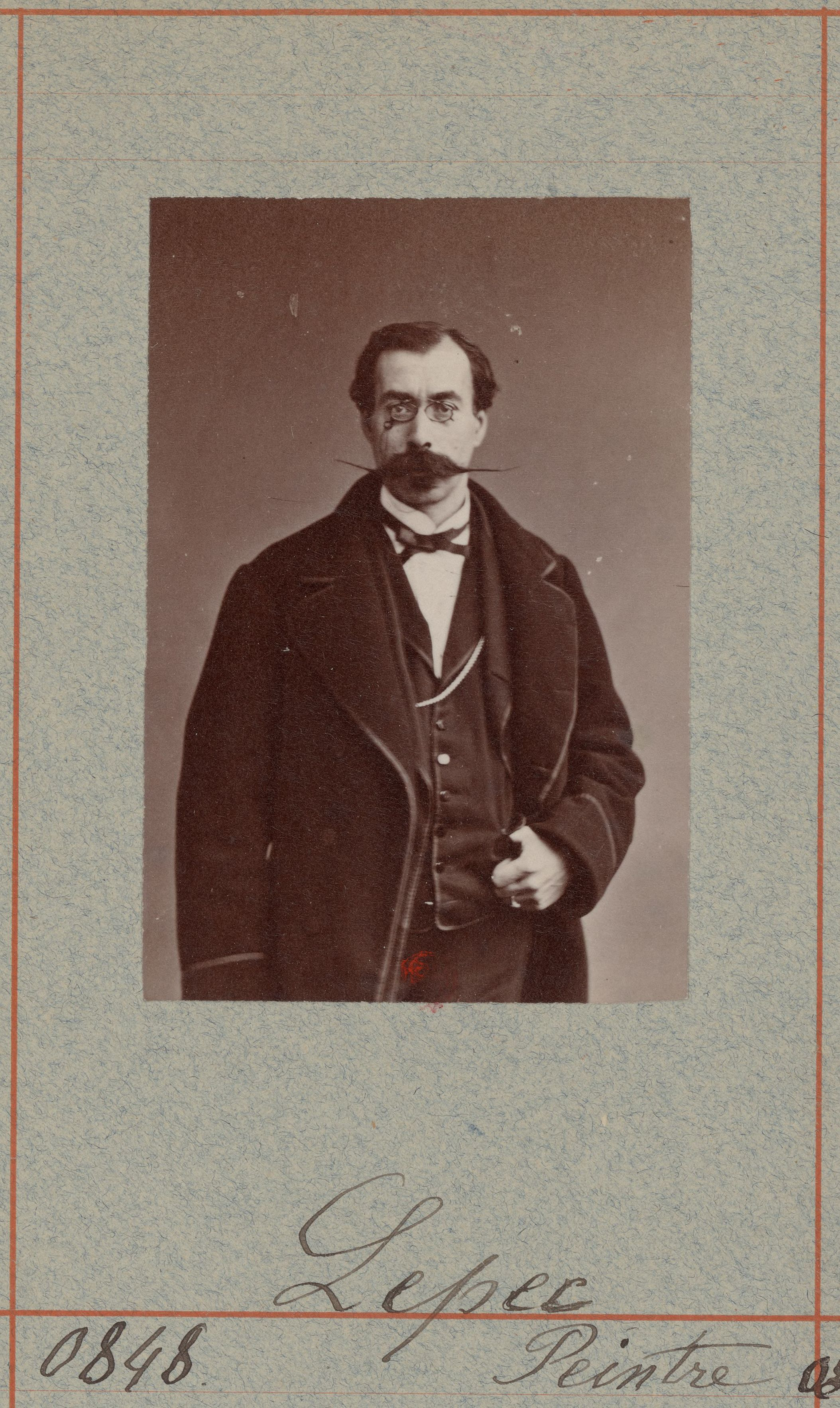 A reddish photography of a man with a large black coat and vest. He wears small circular glasses along with a long and skinny moustache. The words at the bottom of the image say &ldquo;Lepec&rdquo;